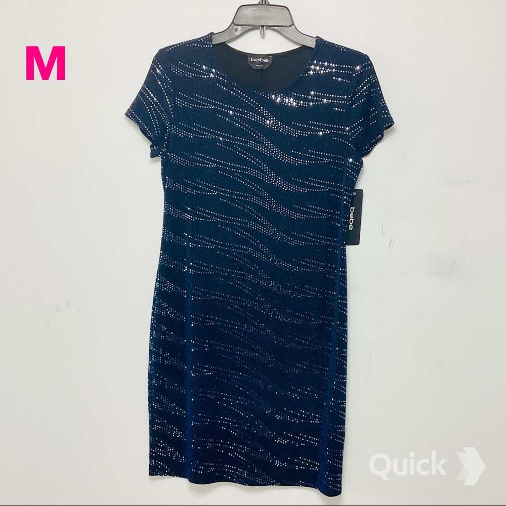 M - NWT Bebe Blue Stripes Sequin Mini Dress
